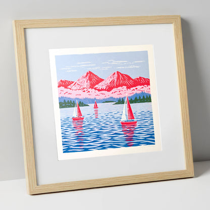 Windermere Sailboats Beneath Pink Fells lake district lake art print in natural frame
