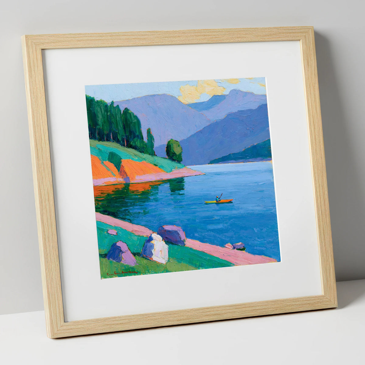 Vivid Kayaker on the Lake lake district walking art print in natural frame