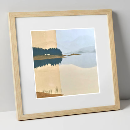 Slate Blue Lake Dawn Reflection lake district lake art print in natural frame