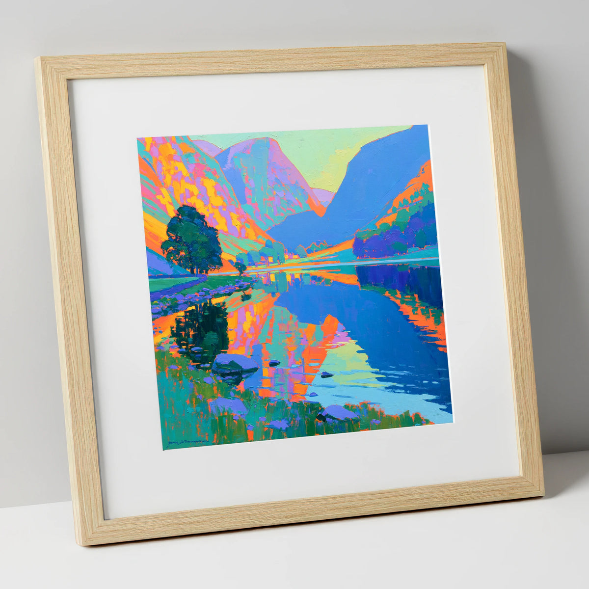 Vibrant Still Lake at Dawn lake district lake art print in natural frame