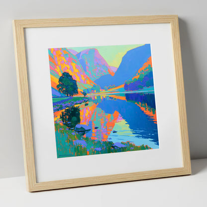 Vibrant Still Lake at Dawn lake district lake art print in natural frame