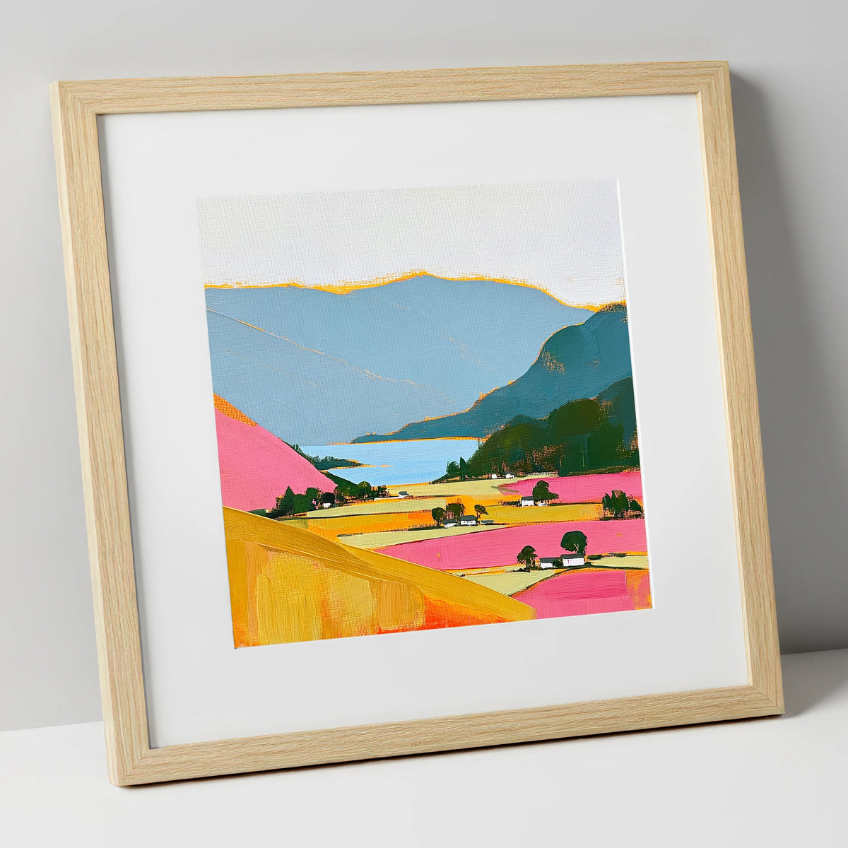 Patterdale Valley in Bold Colour lake district village art print in natural frame