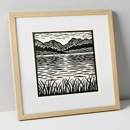 Calm Lake Reflections in Monochrome lake district lake art print in natural frame
