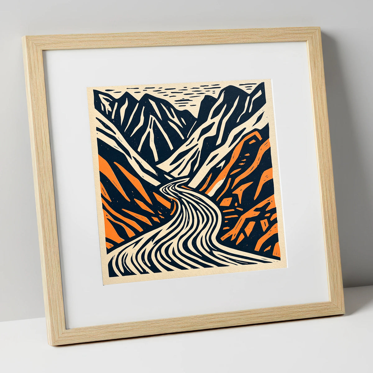 Honister Pass Navy and Terracotta lake district valley art print in natural frame