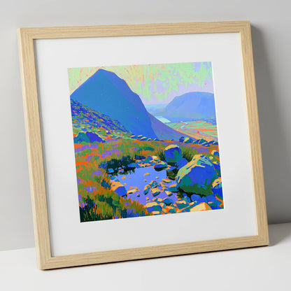 Vibrant Haystacks and Rocky Tarn lake district fell art print in natural frame