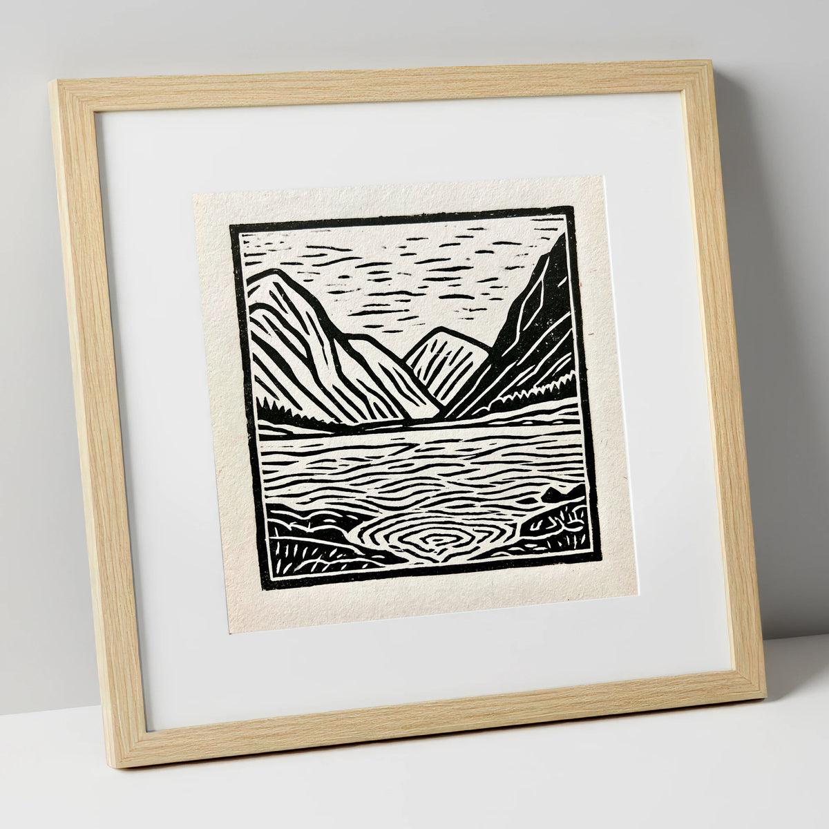 Graphic Ennerdale Water and Fells lake district valley art print in natural frame