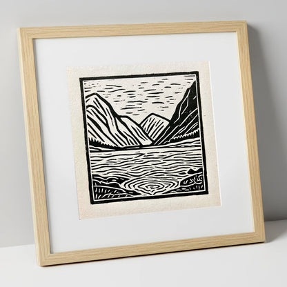Graphic Ennerdale Water and Fells lake district valley art print in natural frame