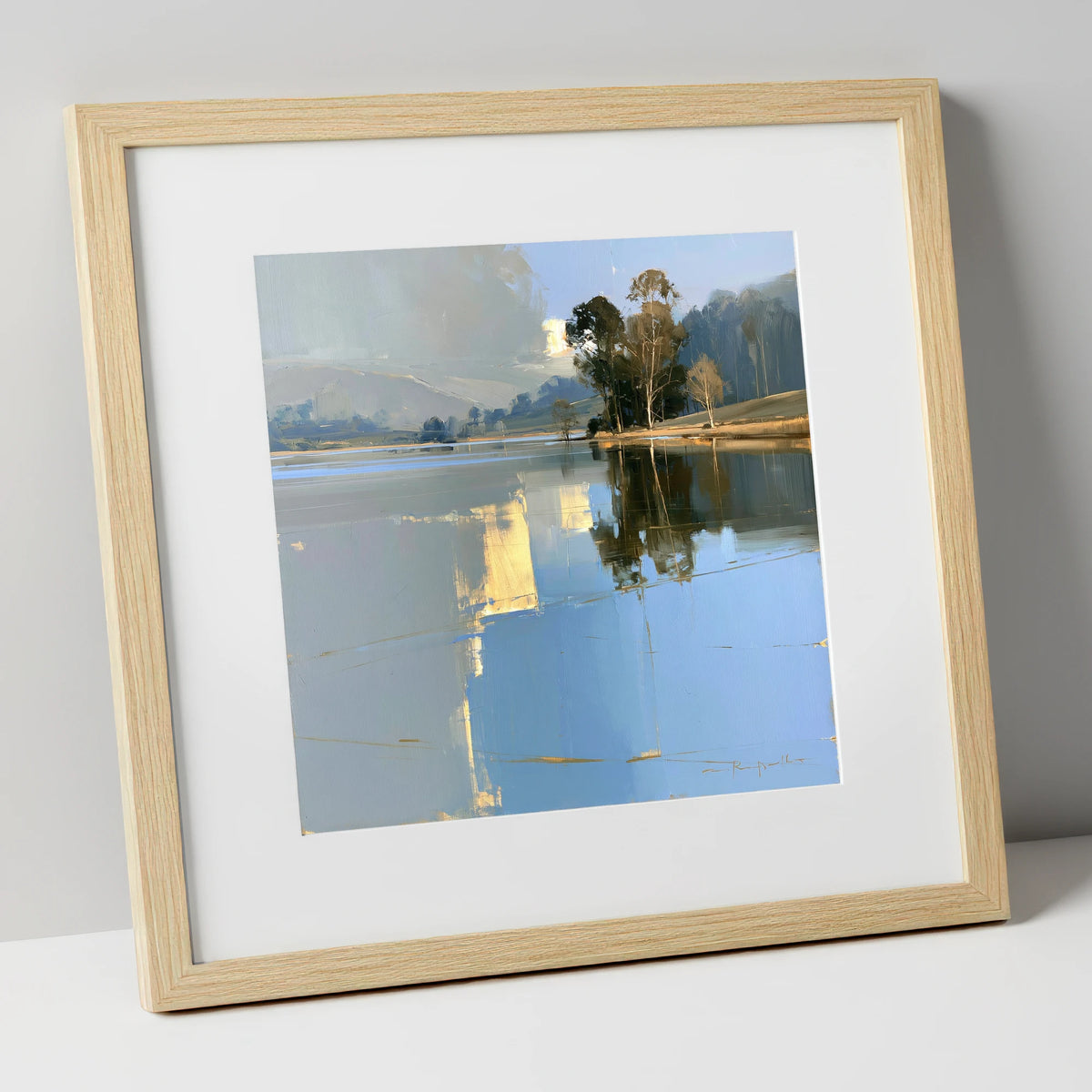 Calm Lake with Golden Reflections lake district lake art print in natural frame