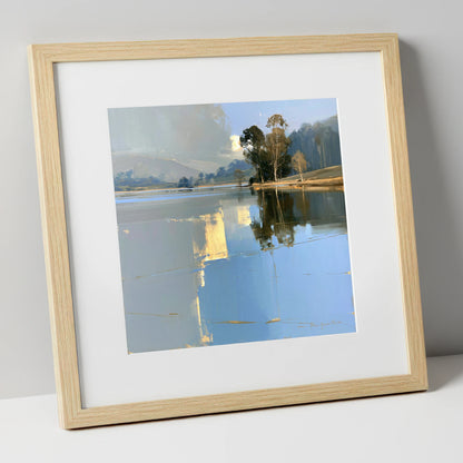 Calm Lake with Golden Reflections lake district lake art print in natural frame
