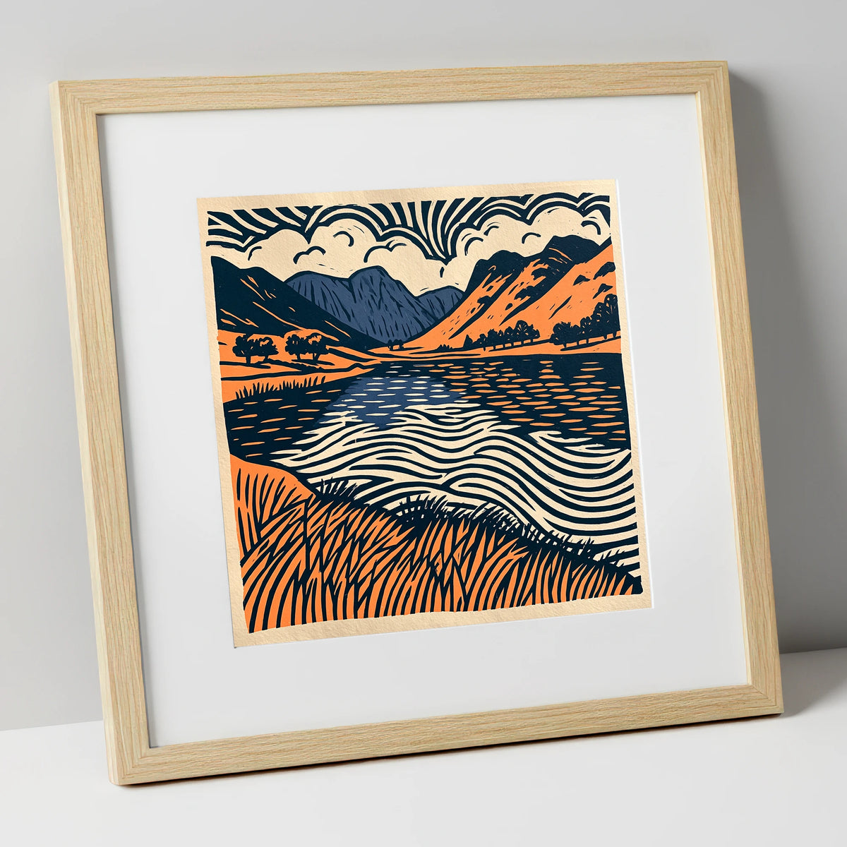 Calm Lake in Navy and Terracotta lake district lake art print in natural frame