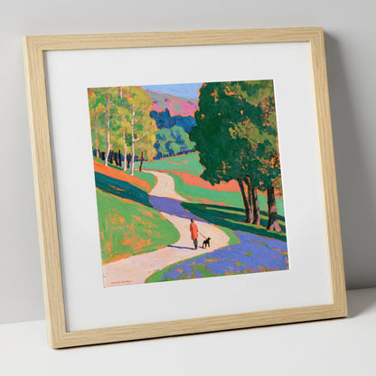 Vibrant Grasmere Dog Walk gifts for dog walkers art print in natural frame