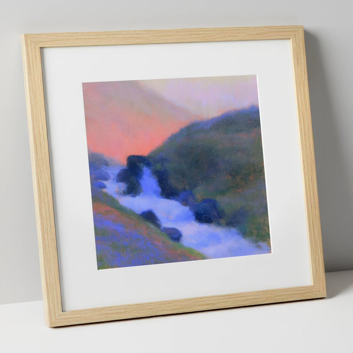 Fellside Beck in Peach Twilight lake district waterfall art print in natural frame