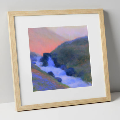 Fellside Beck in Peach Twilight lake district waterfall art print in natural frame