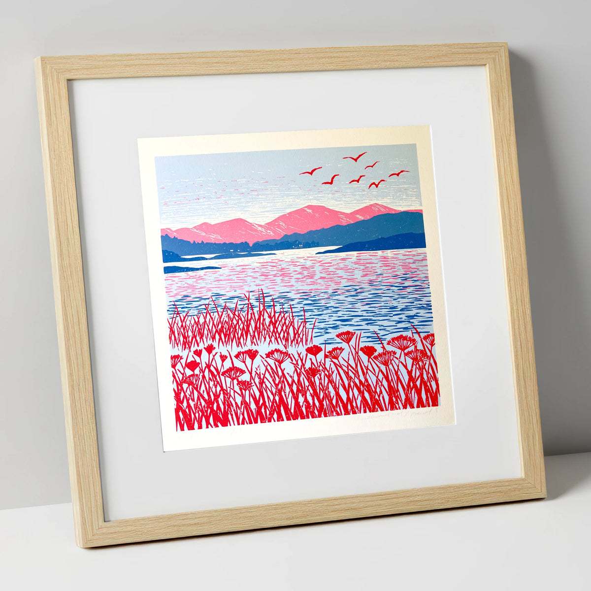 Red Reeds Over Coniston Water lake district lake art print in natural frame