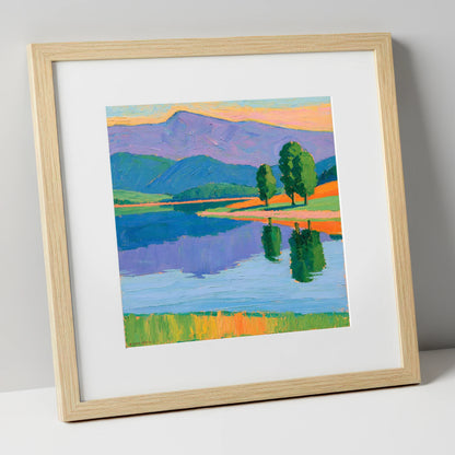 Calm Lake Under Violet Fells lake district lake art print in natural frame