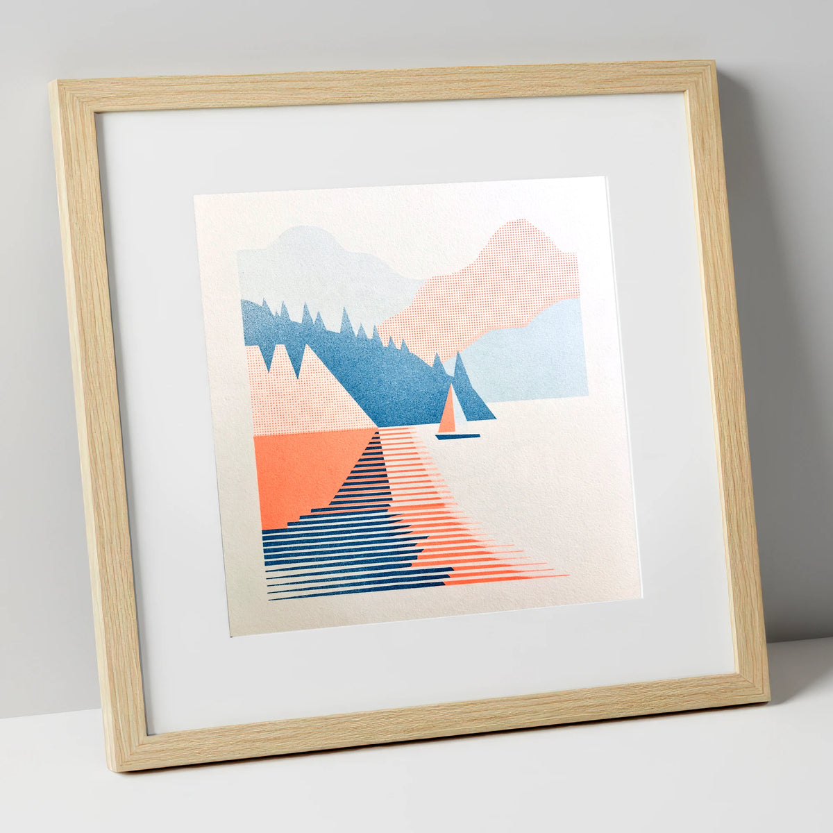 Geometric Sailboat on Windermere lake district lake art print in natural frame