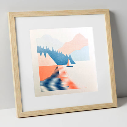 Geometric Sailboat on Windermere lake district lake art print in natural frame