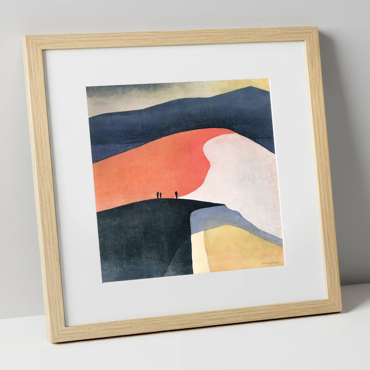 Terracotta Fell Top with Hikers lake district fell art print in natural frame