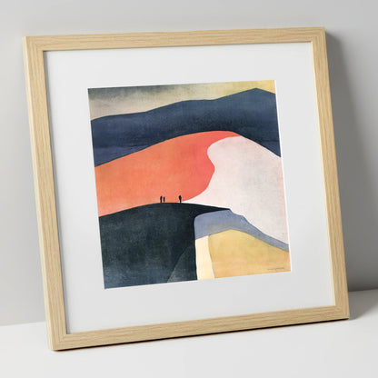 Terracotta Fell Top with Hikers lake district fell art print in natural frame