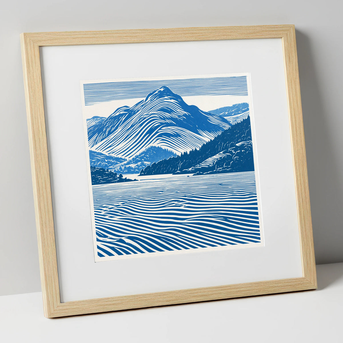 Catbells in Cobalt Blue lake district fell art print in natural frame