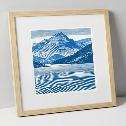 Catbells in Cobalt Blue lake district fell art print in natural frame