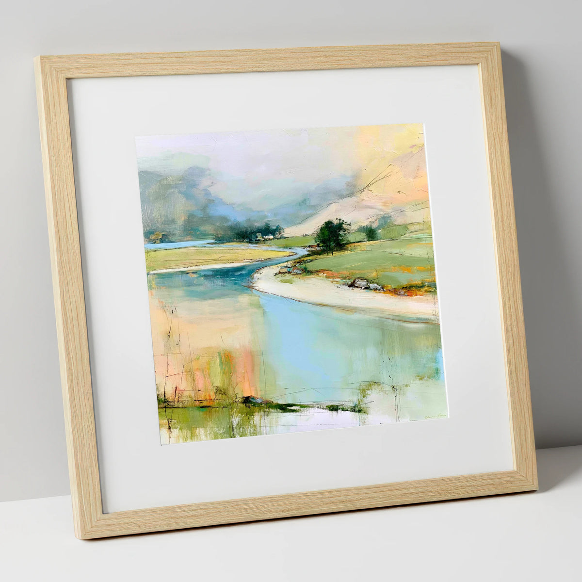Winding River Valley in Pastel lake district waterfall art print in natural frame
