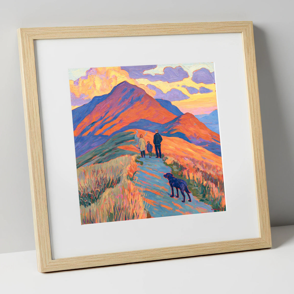 Colourful Cat Bells Dog Walk gifts for dog walkers art print in natural frame