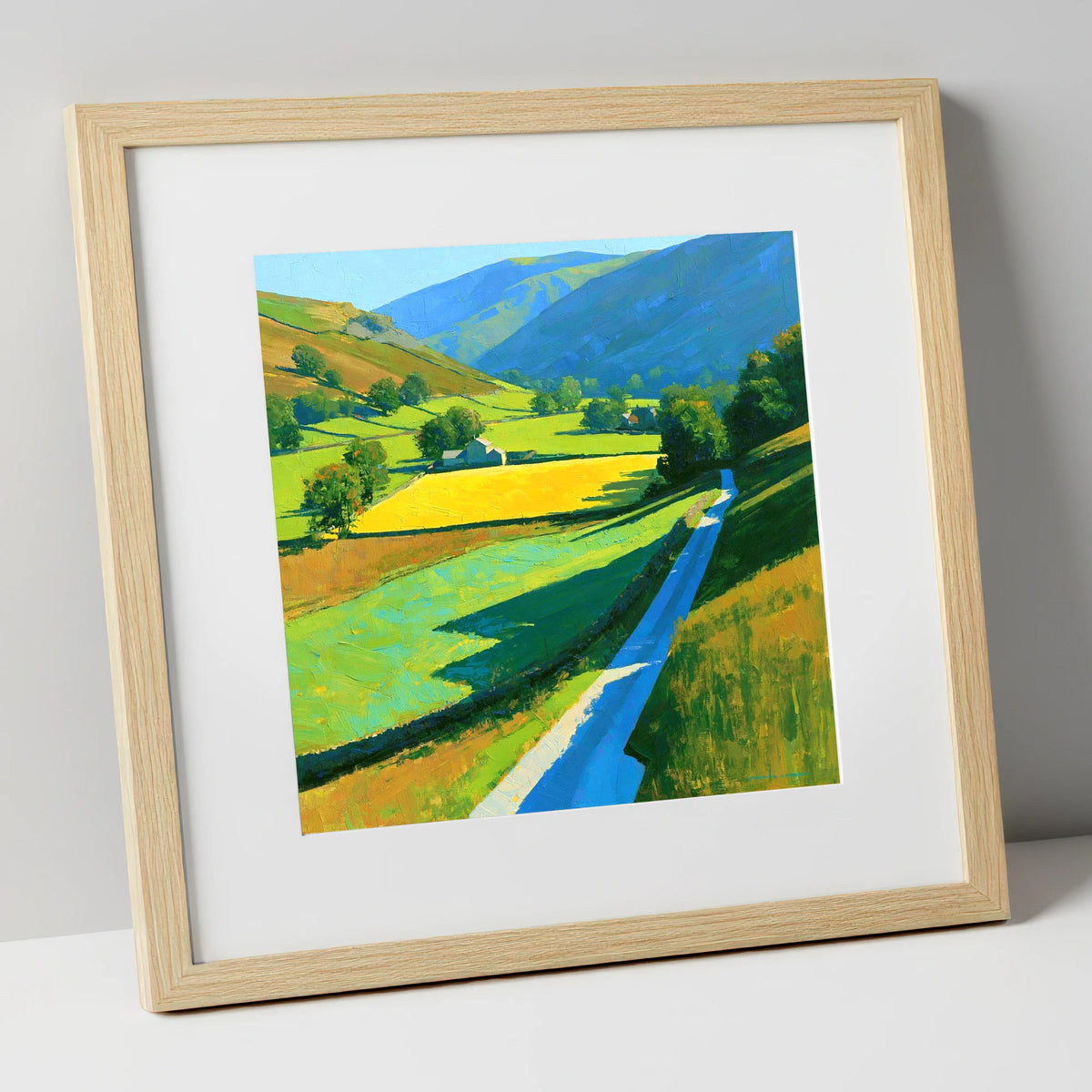 Vibrant Valley Below Blue Fells lake district valley art print in natural frame