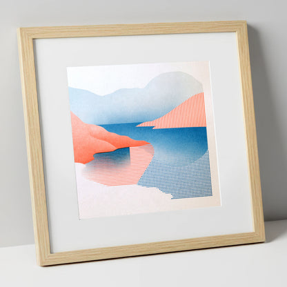 Buttermere Fells in Coral and Blue lake district lake art print in natural frame