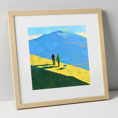 Sunlit Dog Walk on Skiddaw gifts for dog walkers art print in natural frame