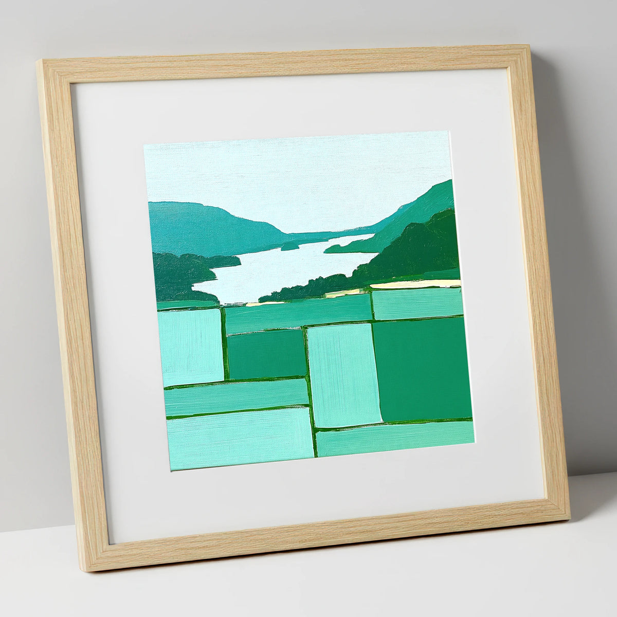 Geometric Greens Above Glenridding lake district village art print in natural frame