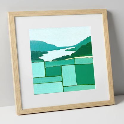 Geometric Greens Above Glenridding lake district village art print in natural frame