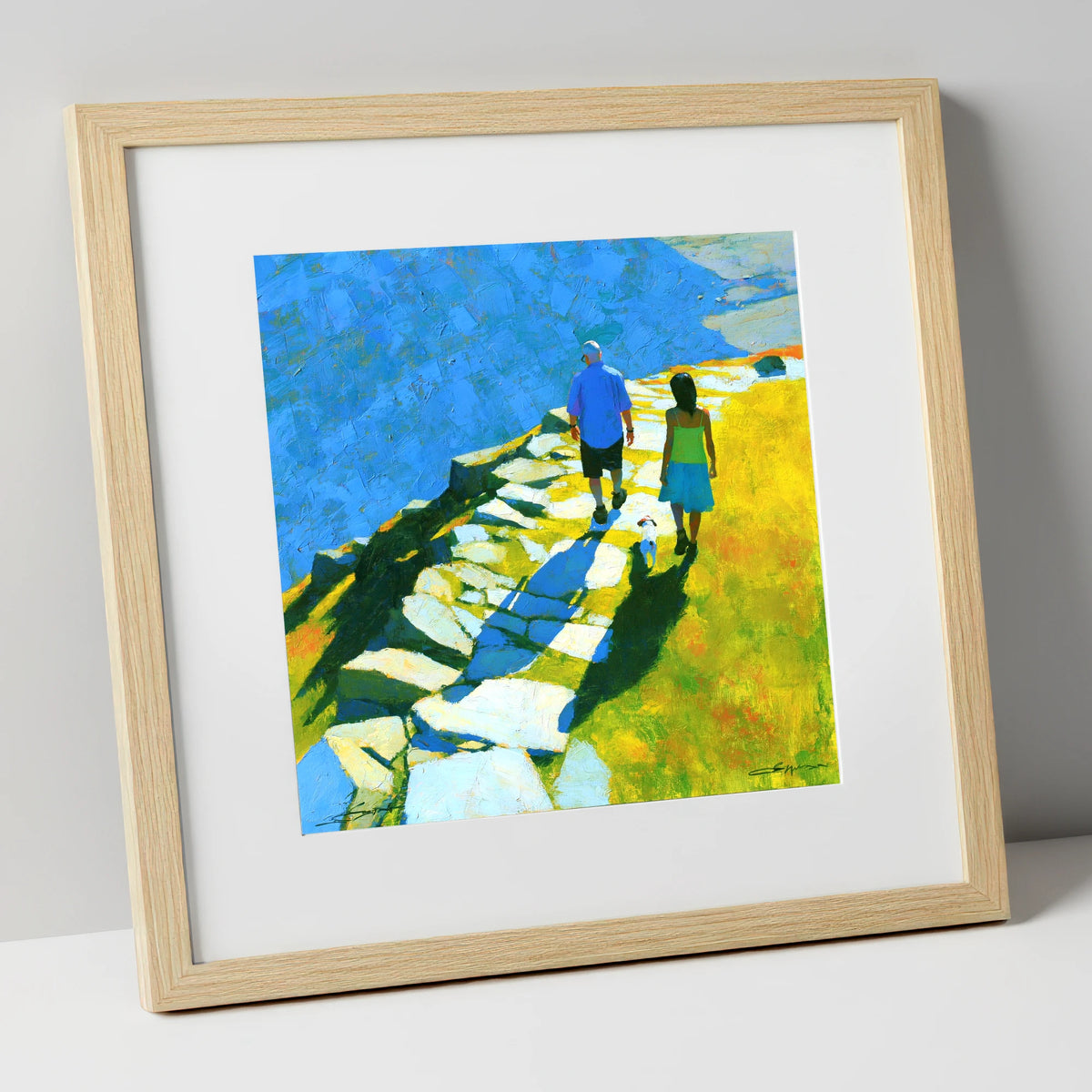 Summer Fell Walk with Blue Shadows lake district walking art print in natural frame