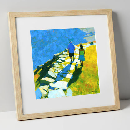 Summer Fell Walk with Blue Shadows lake district walking art print in natural frame