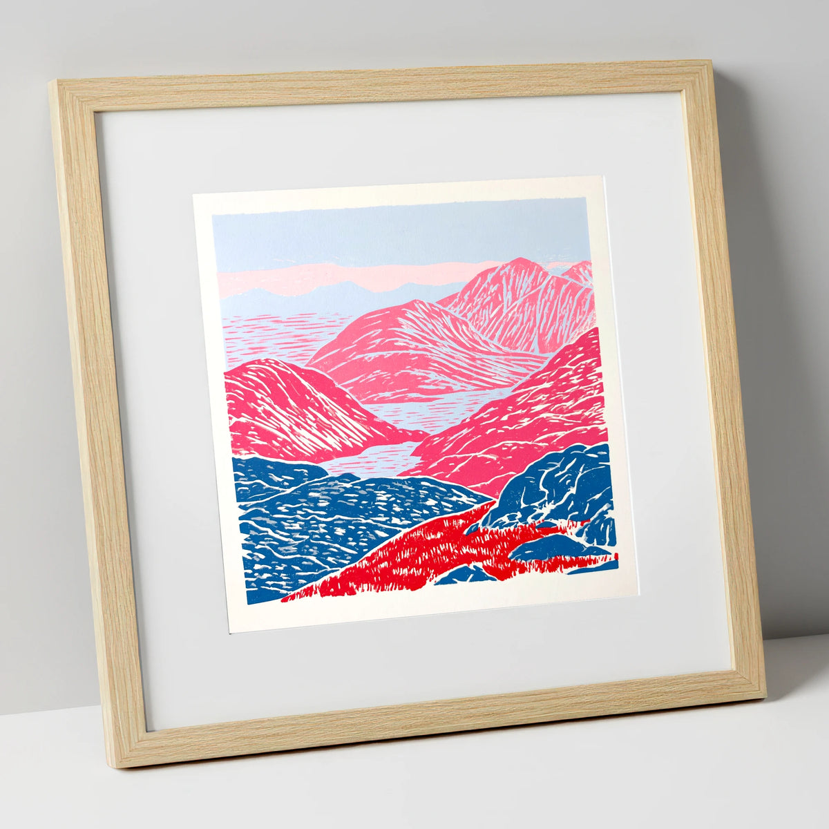 Cobalt and Crimson Summit View lake district fell art print in natural frame