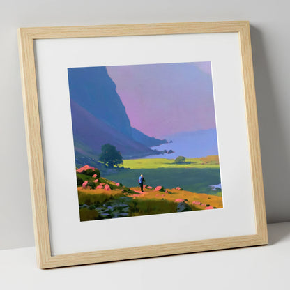 Lone Hiker Beneath Indigo Fells lake district walking art print in natural frame