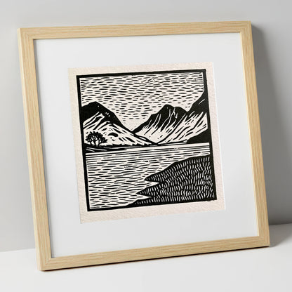 Black and White Buttermere Fells lake district lake art print in natural frame
