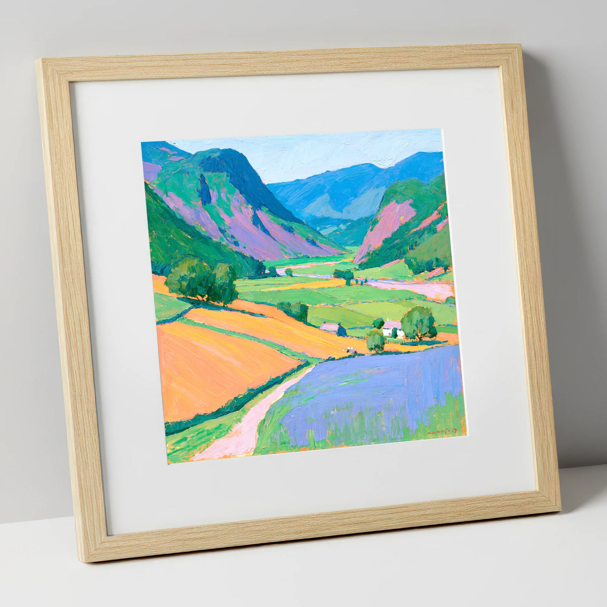 Colourful Fells And Valley Farm lake district valley art print in natural frame