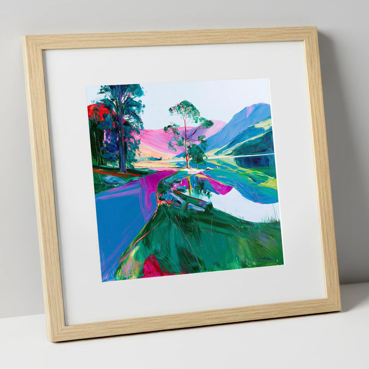 Vibrant Buttermere Lakeside Shore lake district lake art print in natural frame