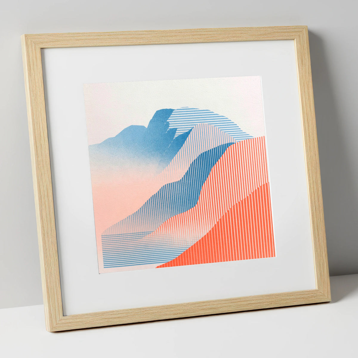 Geometric Scafell Pike in Coral lake district fell art print in natural frame