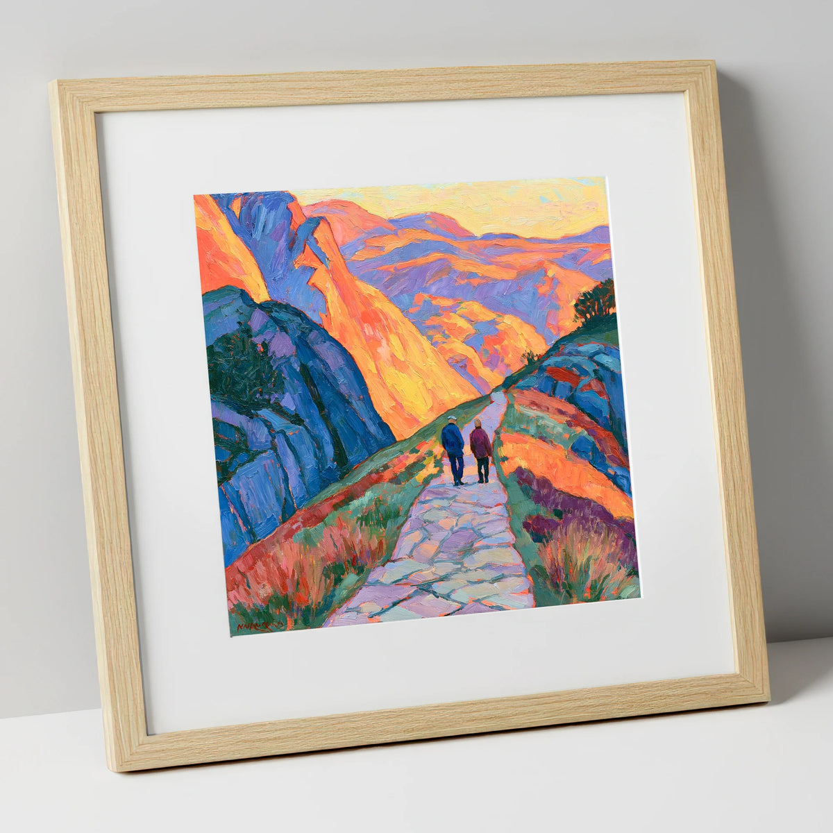 Walkers on an Amber Mountain Path lake district walking art print in natural frame