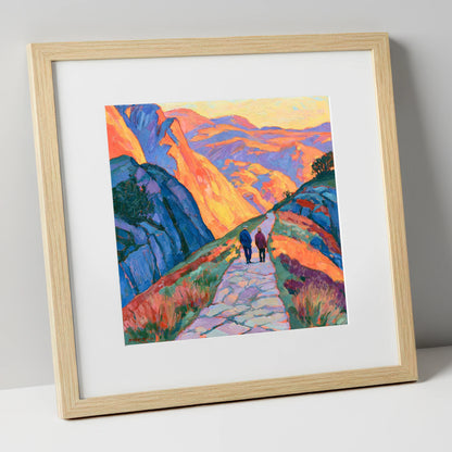 Walkers on an Amber Mountain Path lake district walking art print in natural frame