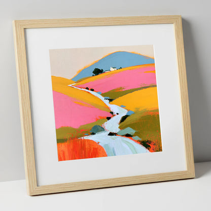 Colourful Fellside Beck and Cottage lake district waterfall art print in natural frame