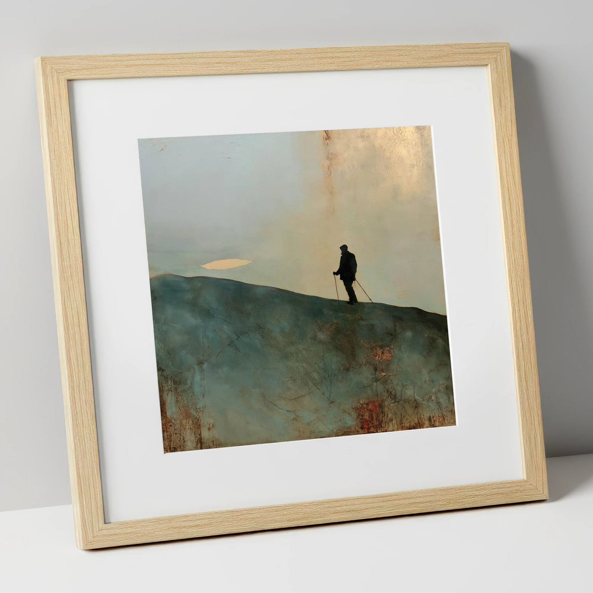 Walker Silhouette on Skiddaw Ridge lake district fell art print in natural frame