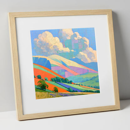Vibrant Rolling Fells Under Cloud lake district fell art print in natural frame