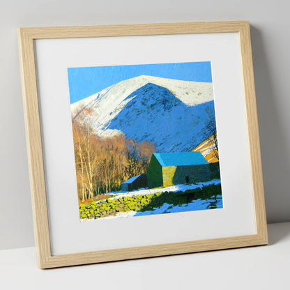 Snowy Bowscale Fell and Stone Barn lake district fell art print in natural frame