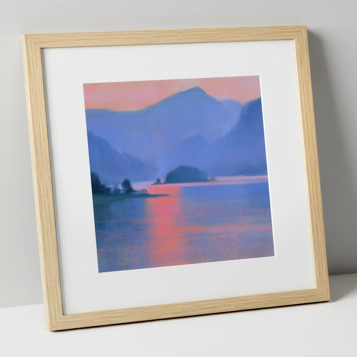 Derwentwater and Catbells in Pink Light lake district lake art print in natural frame