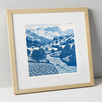 Cobalt Blue Eskdale Valley lake district valley art print in natural frame