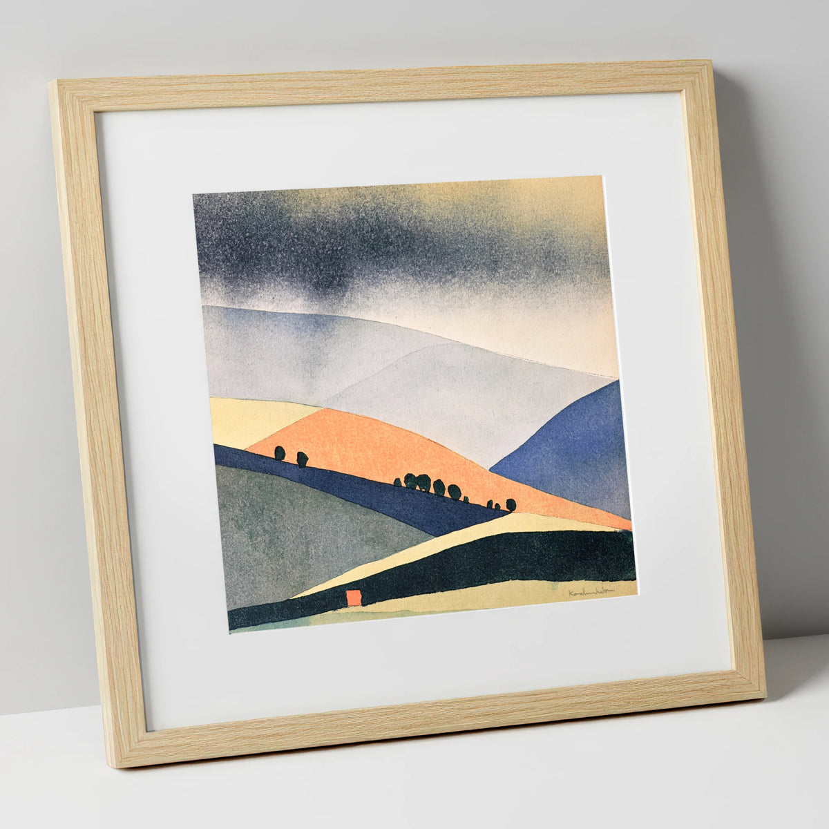 Rolling Fells in Terracotta and Indigo lake district fell art print in natural frame