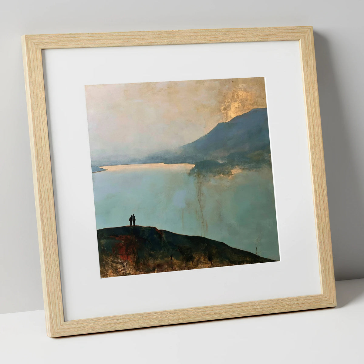 Catbells Walkers in Golden Light lake district fell art print in natural frame